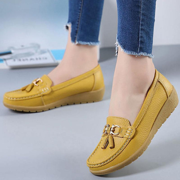 "Kvinnors luftiga läder loafers slip-on; elegant design, lätt halkfri sula, avslappnad stil för vardag och speciella tillfäll