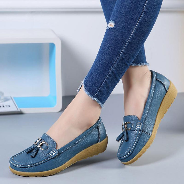"Kvinnors luftiga läder loafers slip-on; elegant design, lätt halkfri sula, avslappnad stil för vardag och speciella tillfäll