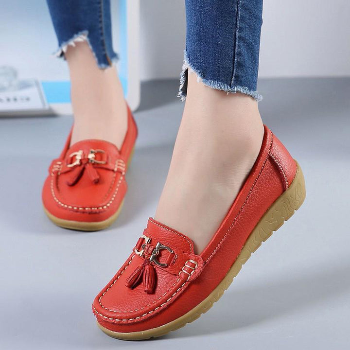 "Kvinnors luftiga läder loafers slip-on; elegant design, lätt halkfri sula, avslappnad stil för vardag och speciella tillfäll