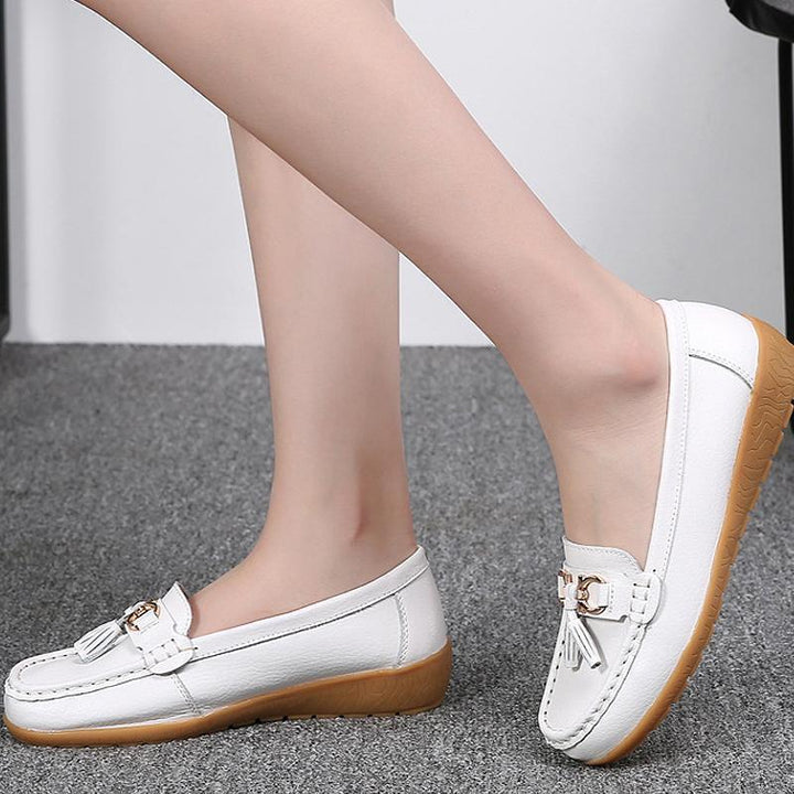 "Kvinnors luftiga läder loafers slip-on; elegant design, lätt halkfri sula, avslappnad stil för vardag och speciella tillfäll