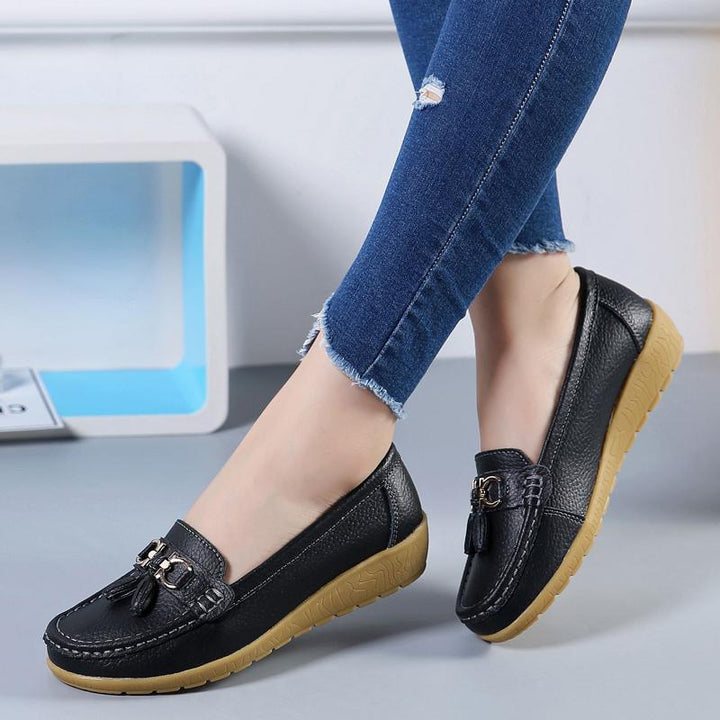 "Kvinnors luftiga läder loafers slip-on; elegant design, lätt halkfri sula, avslappnad stil för vardag och speciella tillfäll