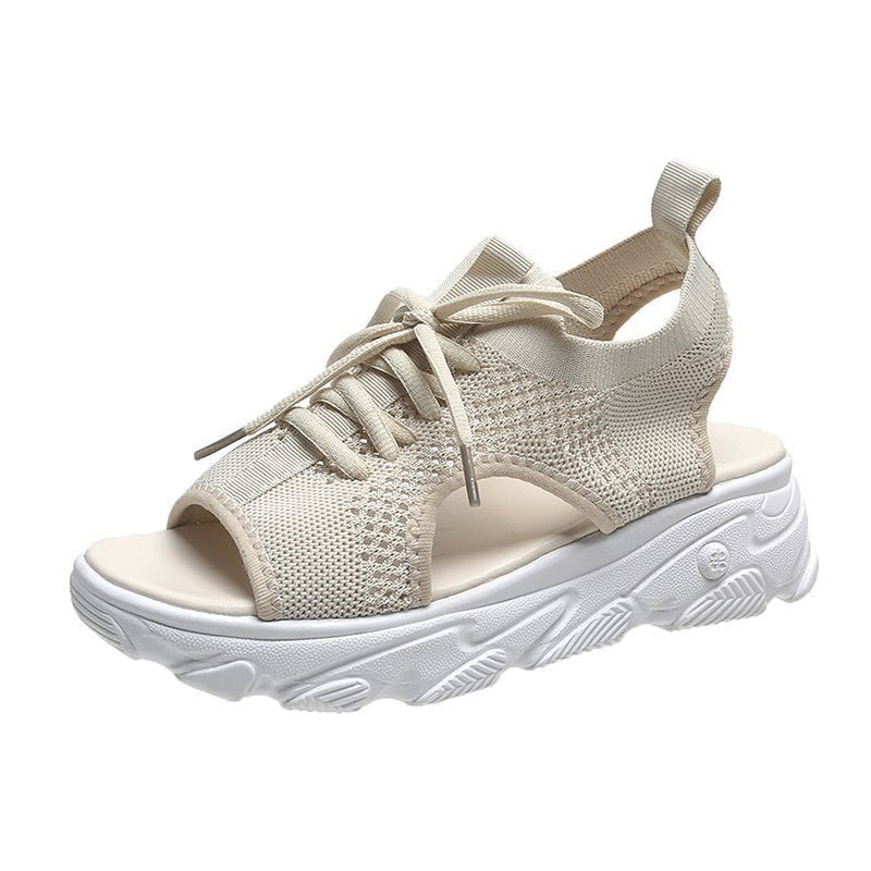 "Kvinnors nät sportssandaler, elegant beige, andningsbart material, halkfri sula, och subtilt lyft, sommarstil."