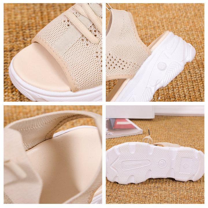 "Kvinnors nät sportssandaler, elegant beige, andningsbart material, halkfri sula, och subtilt lyft, sommarstil."