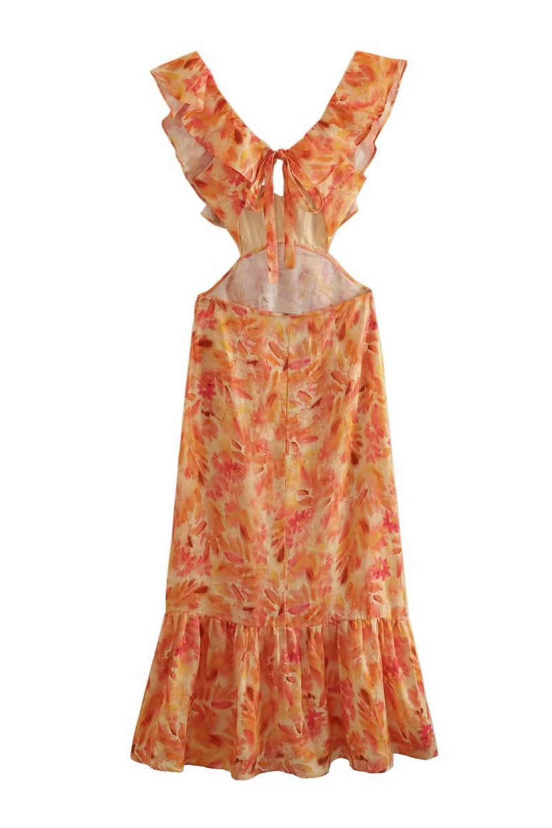 Kvinnors orange maxiklänning med blått blommigt mönster, volanger; perfekt som sommar- eller festklänning.
