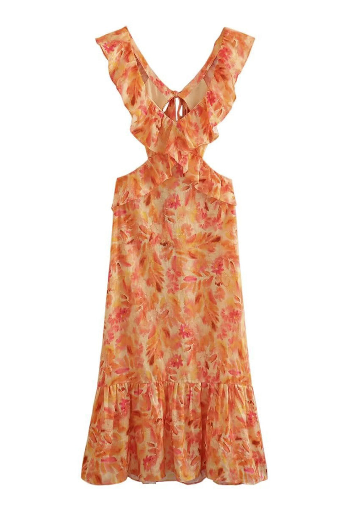 Maxiklänning i orange toner med blått blommigt tryck och volangärmar, perfekt för varma dagar.