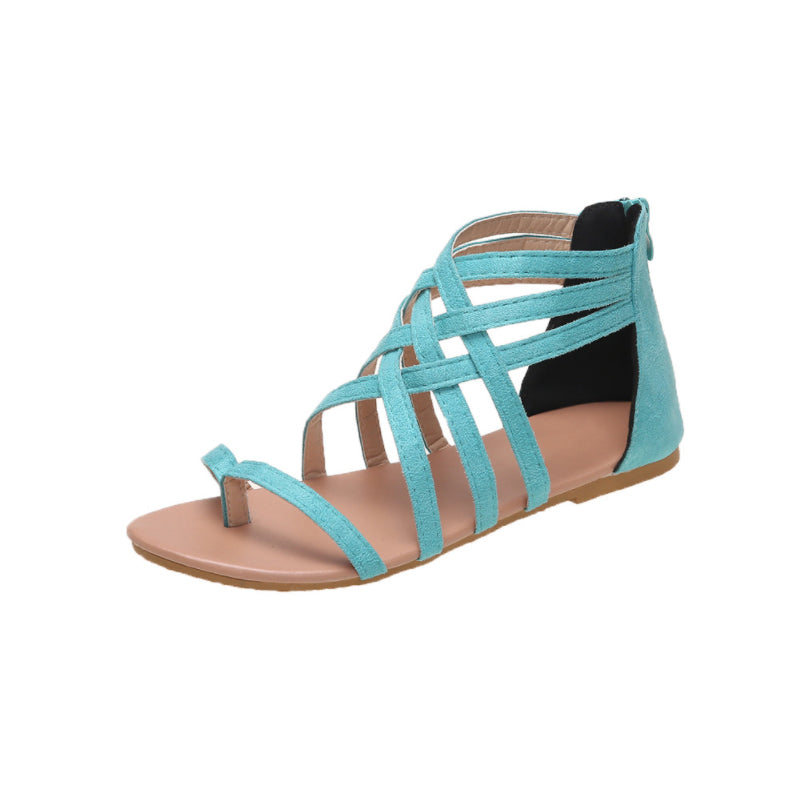 "Kvinnors platta sandaler med dragkedja, korsband och PU-material för sommar. Perfekt för en stilfull och bekväm look."