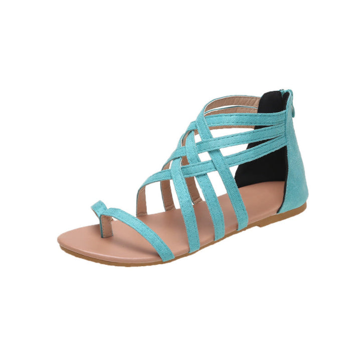 "Kvinnors platta sandaler med dragkedja, korsband och PU-material för sommar. Perfekt för en stilfull och bekväm look."