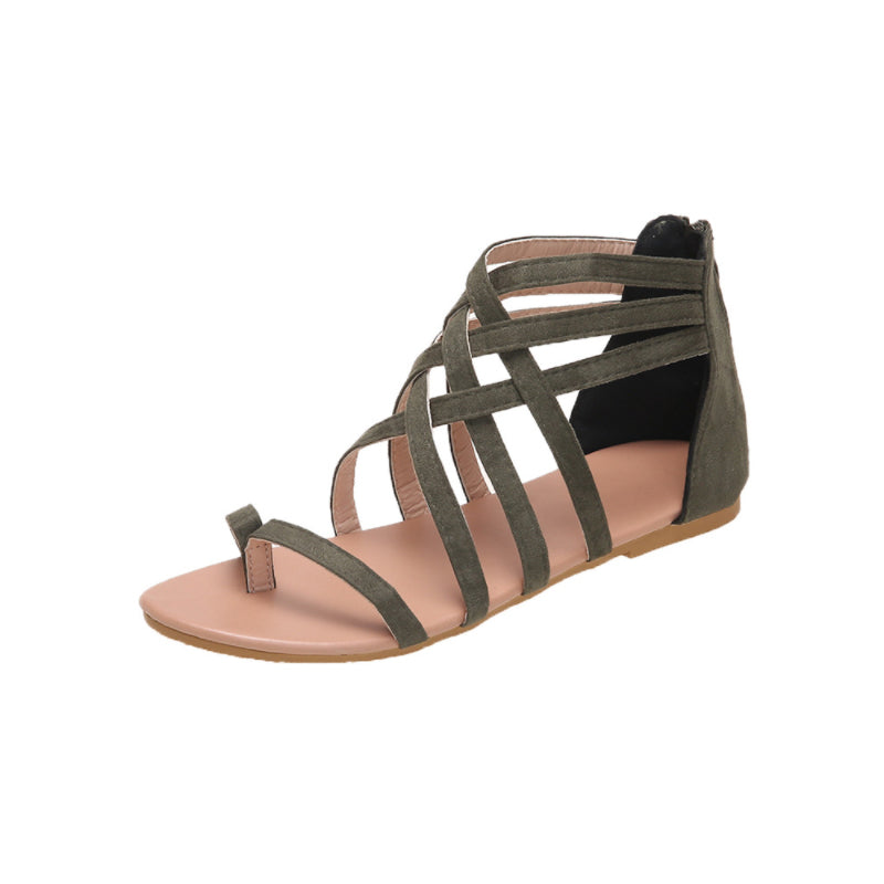 "Kvinnors platta sandaler med dragkedja, korsband och PU-material för sommar. Perfekt för en stilfull och bekväm look."