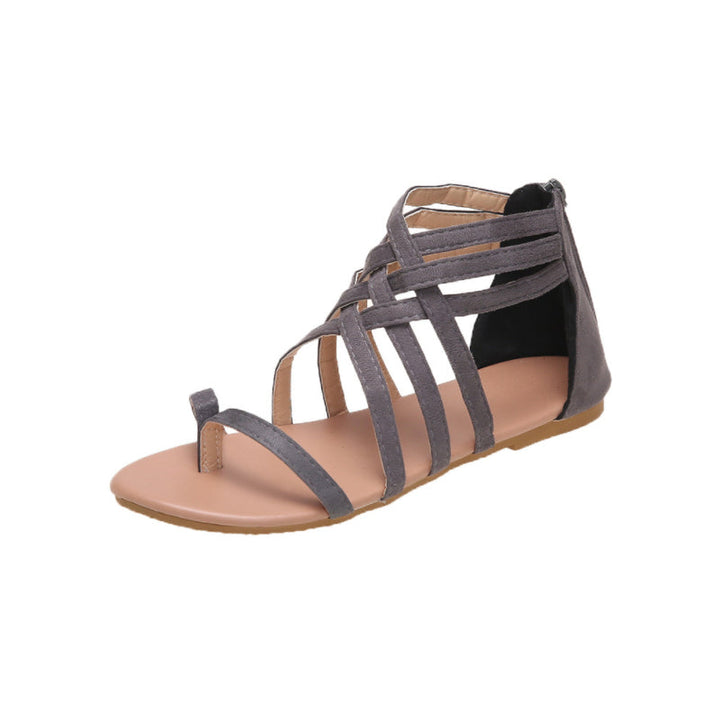 "Kvinnors platta sandaler med dragkedja, korsband och PU-material för sommar. Perfekt för en stilfull och bekväm look."