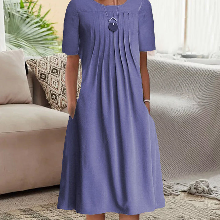 "Kvinnors plisserad långärmad klänning med rund hals, enfärgad tylltyg ger elegant och sofistikerad look."