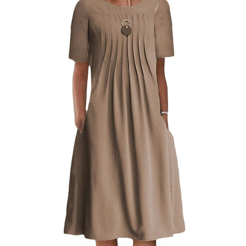 "Kvinnors plisserad långärmad klänning med rund hals, enfärgad tylltyg ger elegant och sofistikerad look."