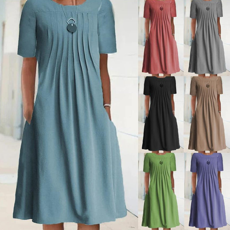 "Kvinnors plisserad långärmad klänning med rund hals, enfärgad tylltyg ger elegant och sofistikerad look."