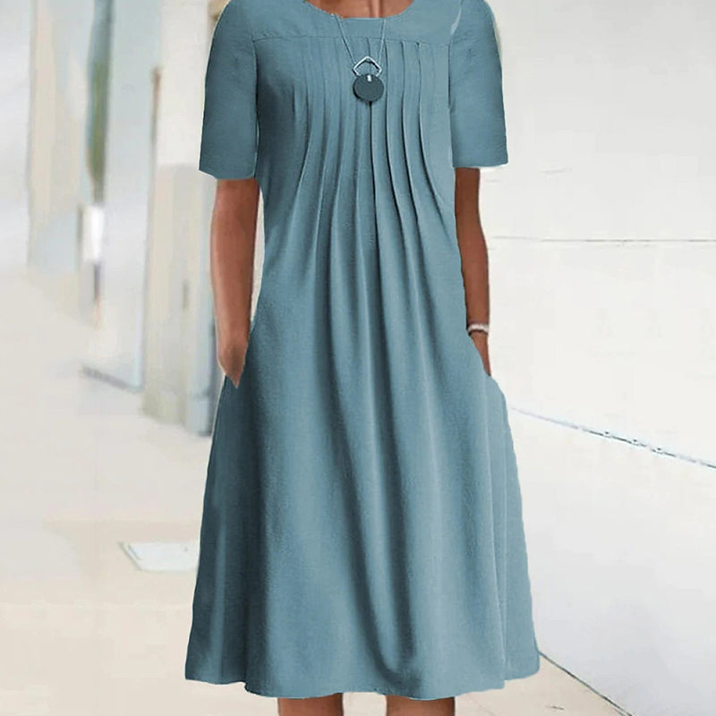 "Kvinnors plisserad långärmad klänning med rund hals, enfärgad tylltyg ger elegant och sofistikerad look."