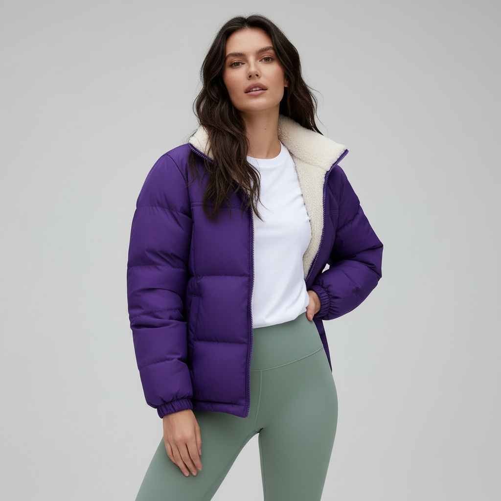 Snygg oversized quiltad vinterjacka för kvinnor i beige, med praktisk ståkrage.