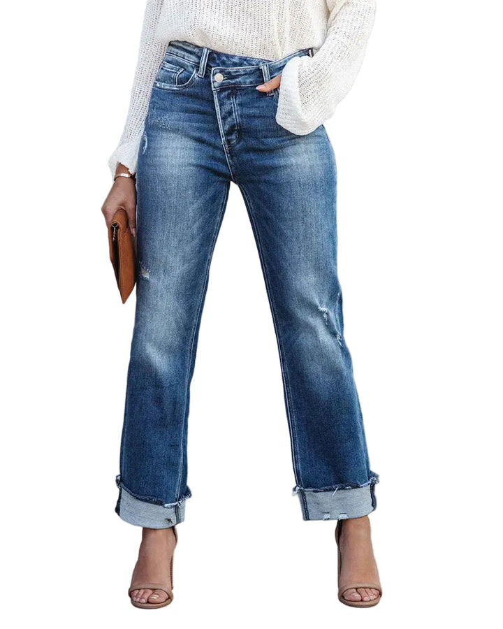 Kvinnors raka jeans med hög midja, mörkblå stretchjeans, perfekta för vardagsmode.