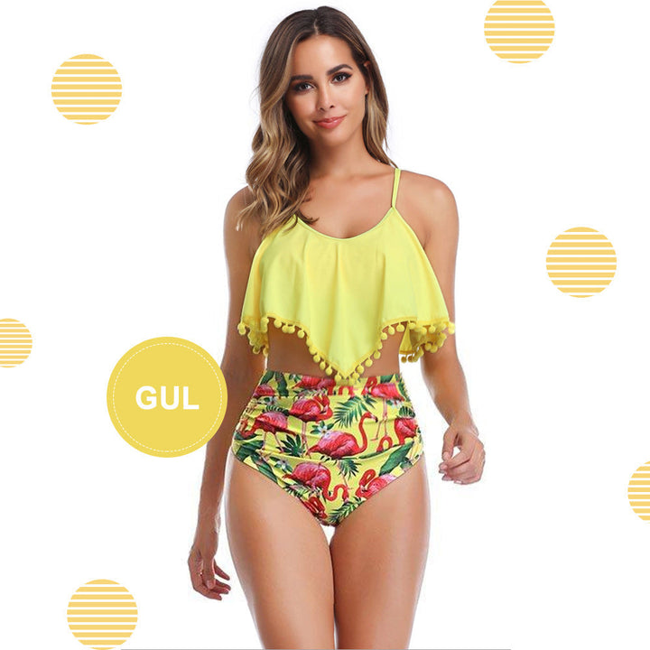 "Kvinnors rynkad bikini med hög midja, ruffle-design; mjuka axelband, smickrande sommarstil, komfort och stöd."