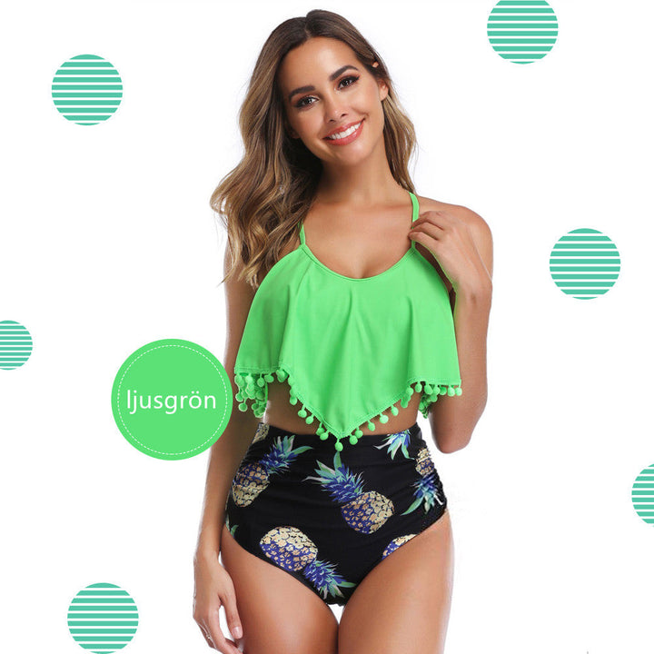 "Kvinnors rynkad bikini med hög midja, ruffle-design; mjuka axelband, smickrande sommarstil, komfort och stöd."