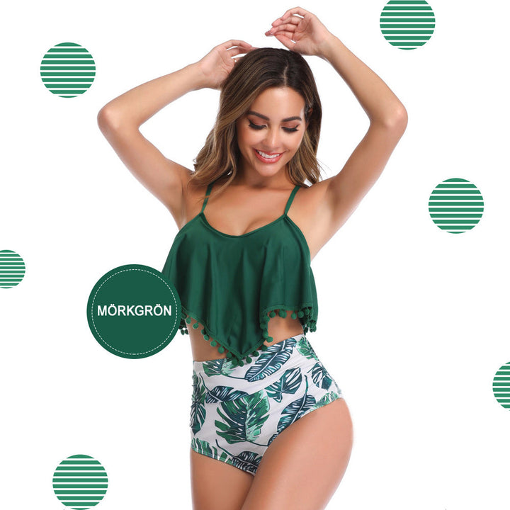 "Kvinnors rynkad bikini med hög midja, ruffle-design; mjuka axelband, smickrande sommarstil, komfort och stöd."