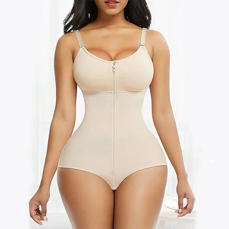 "Kvinnors shapewear med magkontroll, framifrån, justerbara remmar, ryggstöd, konturerar kurvor, svart tyg."