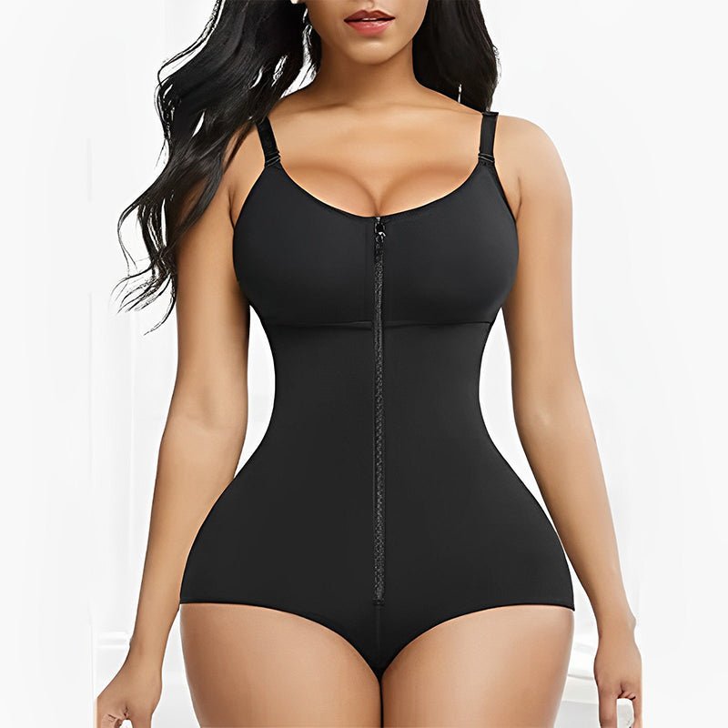 "Kvinnors shapewear med magkontroll, framifrån, justerbara remmar, ryggstöd, konturerar kurvor, svart tyg."