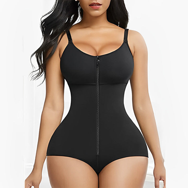 "Kvinnors shapewear med magkontroll, framifrån, justerbara remmar, ryggstöd, konturerar kurvor, svart tyg."