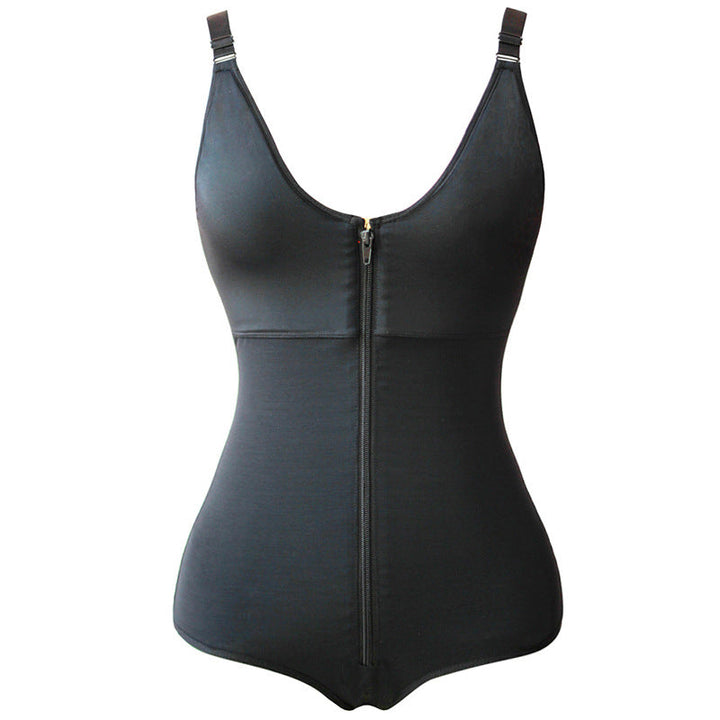 "Kvinnors shapewear med magkontroll, framifrån, justerbara remmar, ryggstöd, konturerar kurvor, svart tyg."