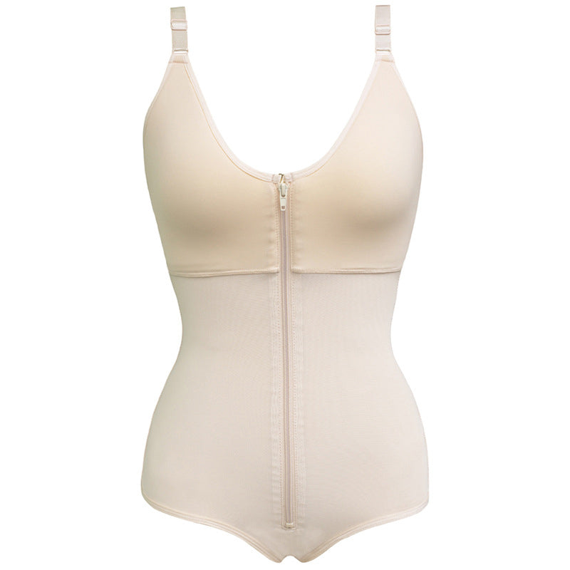 "Kvinnors shapewear med magkontroll, framifrån, justerbara remmar, ryggstöd, konturerar kurvor, svart tyg."