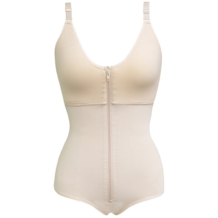 "Kvinnors shapewear med magkontroll, framifrån, justerbara remmar, ryggstöd, konturerar kurvor, svart tyg."
