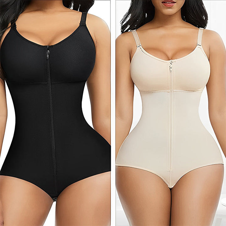 "Kvinnors shapewear med magkontroll, framifrån, justerbara remmar, ryggstöd, konturerar kurvor, svart tyg."