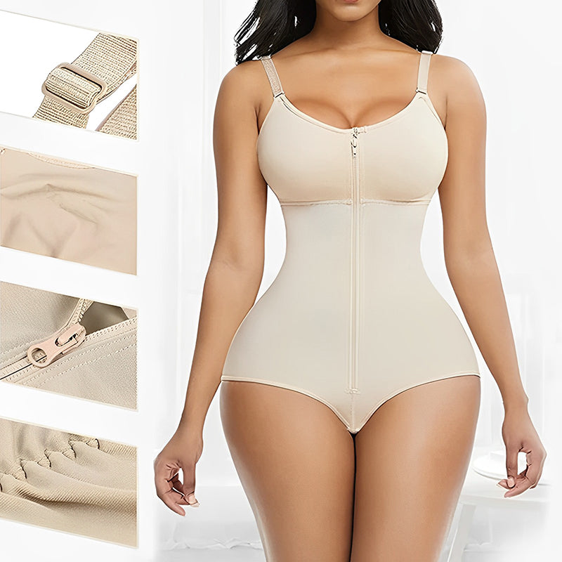 "Kvinnors shapewear med magkontroll, framifrån, justerbara remmar, ryggstöd, konturerar kurvor, svart tyg."
