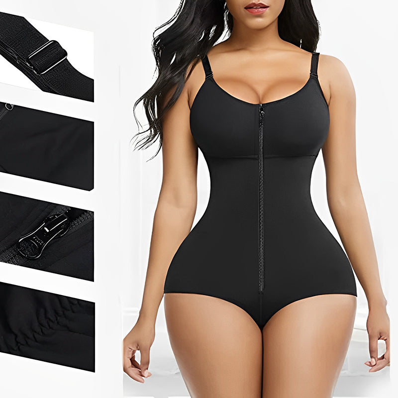 "Kvinnors shapewear med magkontroll, framifrån, justerbara remmar, ryggstöd, konturerar kurvor, svart tyg."