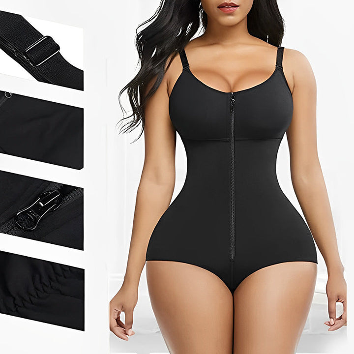 "Kvinnors shapewear med magkontroll, framifrån, justerbara remmar, ryggstöd, konturerar kurvor, svart tyg."