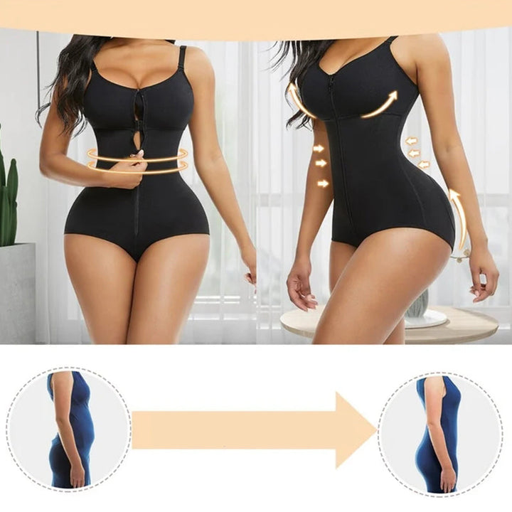 "Kvinnors shapewear med magkontroll, framifrån, justerbara remmar, ryggstöd, konturerar kurvor, svart tyg."
