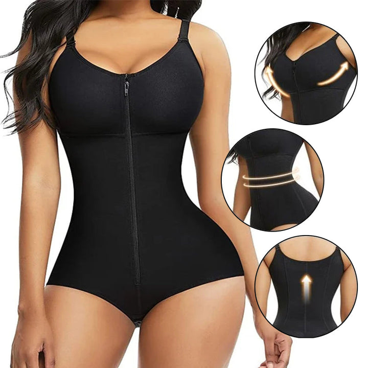 "Kvinnors shapewear med magkontroll, framifrån, justerbara remmar, ryggstöd, konturerar kurvor, svart tyg."