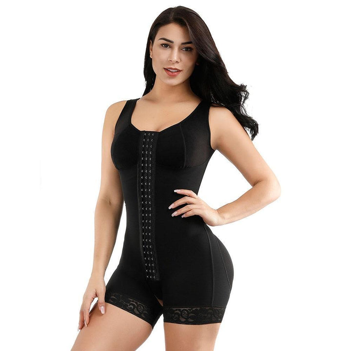 "Kvinnors svart slimmad bodysuit med dragkedja, erbjuder sömlös passform och kompression för elegant siluett."