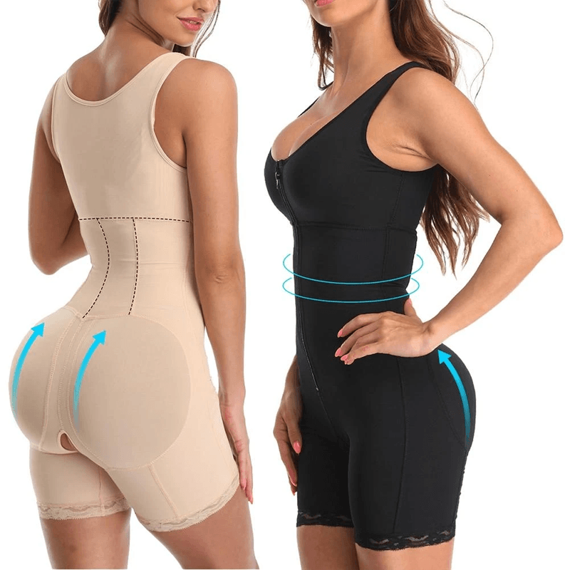 "Kvinnors svart slimmad bodysuit med dragkedja, erbjuder sömlös passform och kompression för elegant siluett."