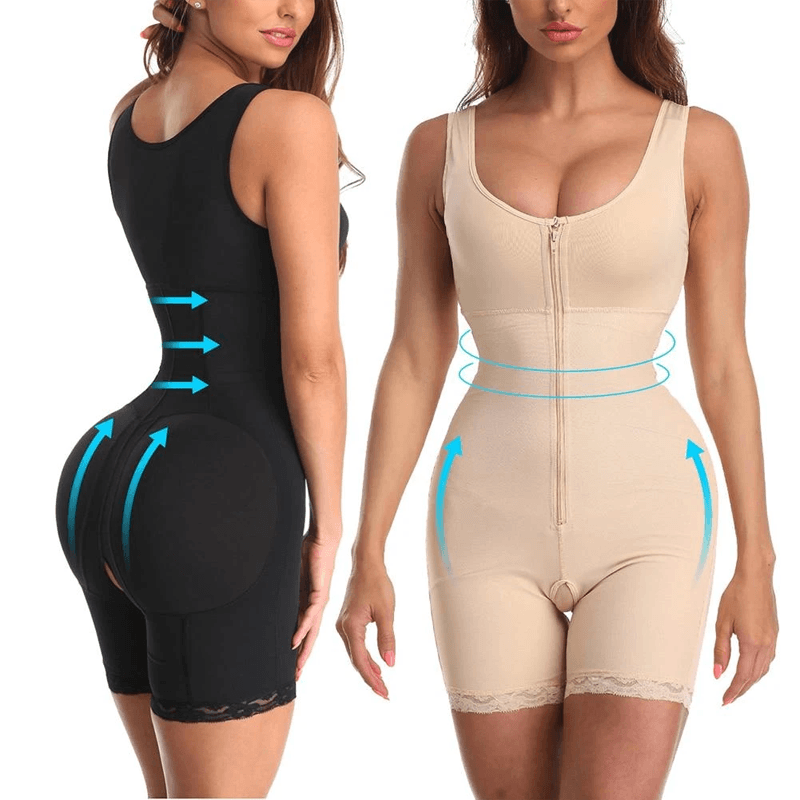 "Kvinnors svart slimmad bodysuit med dragkedja, erbjuder sömlös passform och kompression för elegant siluett."