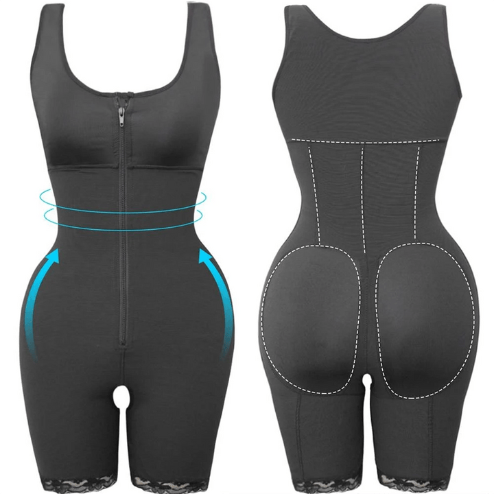"Kvinnors svart slimmad bodysuit med dragkedja, erbjuder sömlös passform och kompression för elegant siluett."