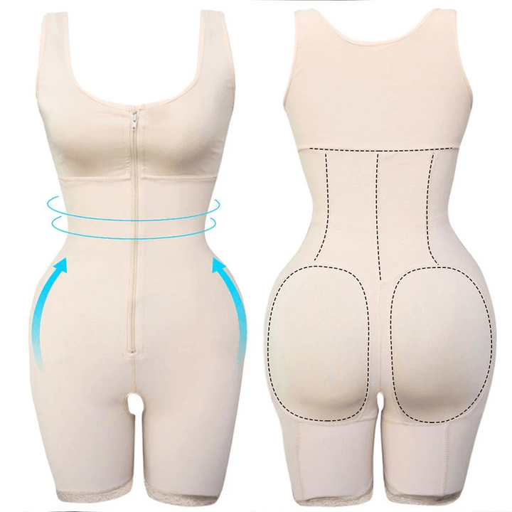 "Kvinnors svart slimmad bodysuit med dragkedja, erbjuder sömlös passform och kompression för elegant siluett."