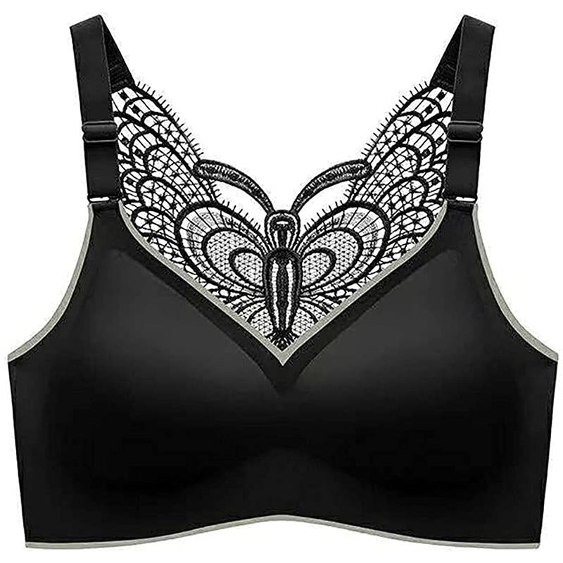 "Kvinnors trådfri butterfly bh, mjukt material, i svart och lila, ger komfort och stil för daglig användning."