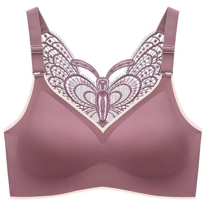 "Kvinnors trådfri butterfly bh, mjukt material, i svart och lila, ger komfort och stil för daglig användning."