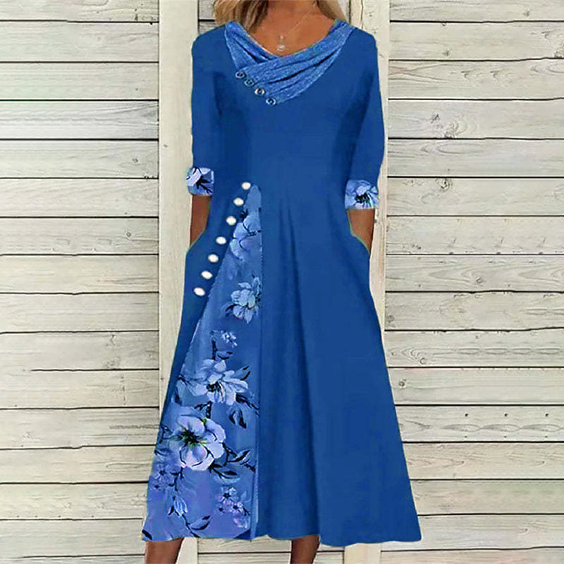 "Kvinnors V-ringad blommig A-line midi klänning i mjukt polyester med V-hals och blommönster, perfekt för sommaren."
