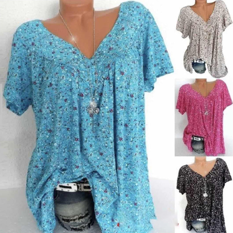 "Kvinnors V-ringad lös kortärmad t-shirt i bomull, mjuk och bekväm, chic design för sommarstil och avslappnad look."