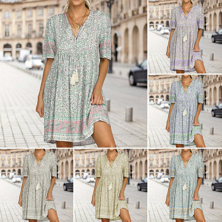 "Kvinnors v-ringad mini spetsklänning i polyester, elegant och lös passform, flera färger, perfekt för alla tillfällen."