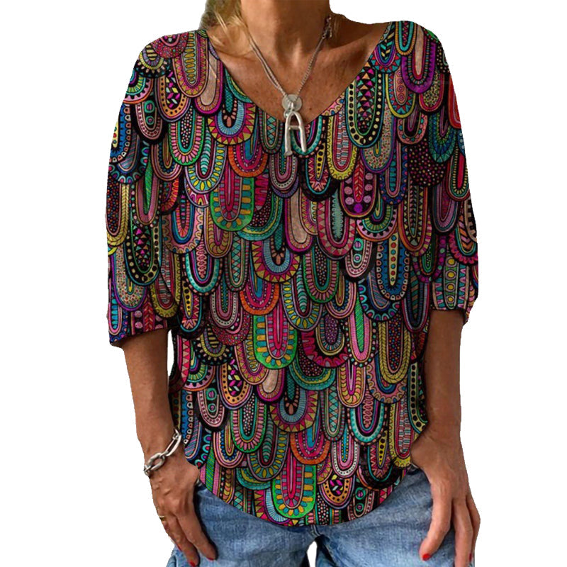 "Kvinnors V-ringad T-shirt med färgglatt modetryck, avslappnad passform, perfekt för vardags- och eleganta tillfällen."
