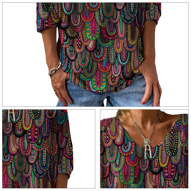 "Kvinnors V-ringad T-shirt med färgglatt modetryck, avslappnad passform, perfekt för vardags- och eleganta tillfällen."