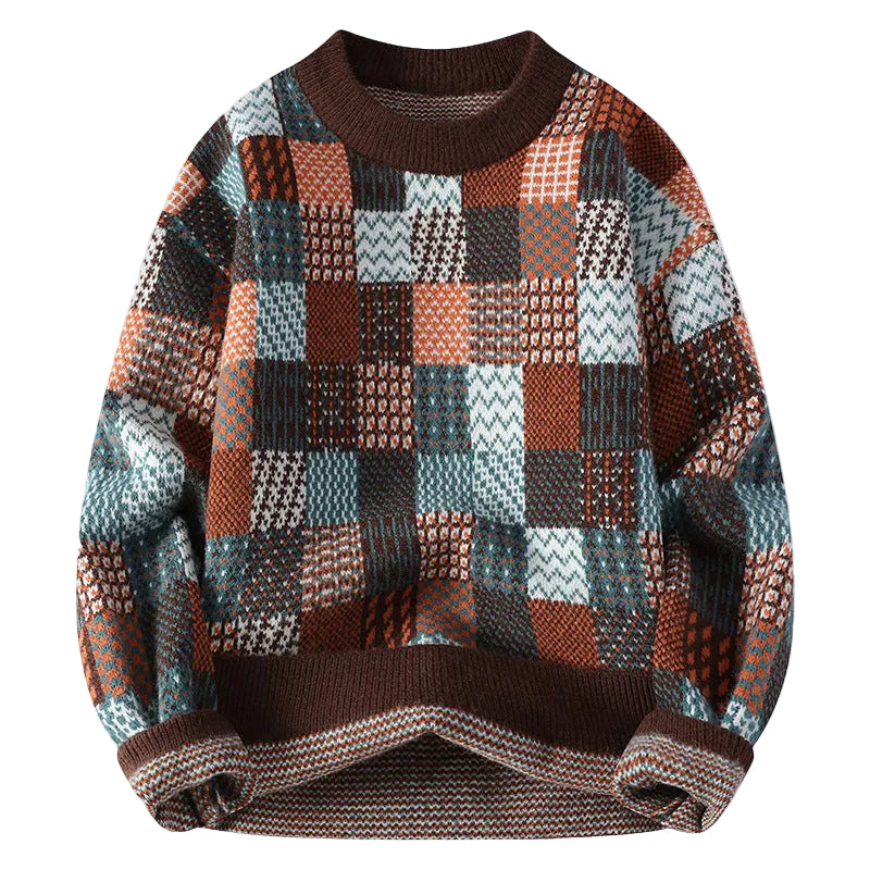 Kvinnors varm stickad tröja i flerfärgad patchwork design, perfekt för höst och vinter.