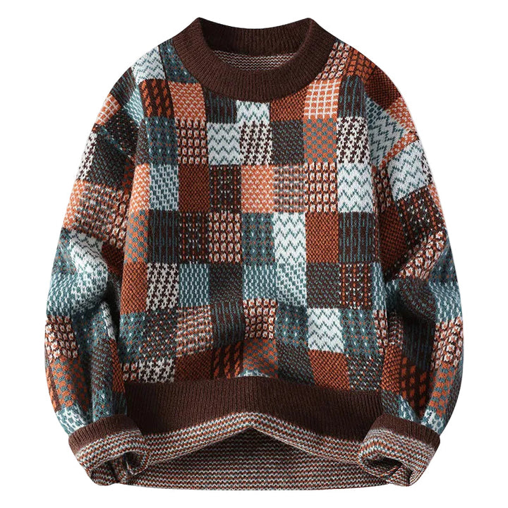 Kvinnors varm stickad tröja i flerfärgad patchwork design, perfekt för höst och vinter.