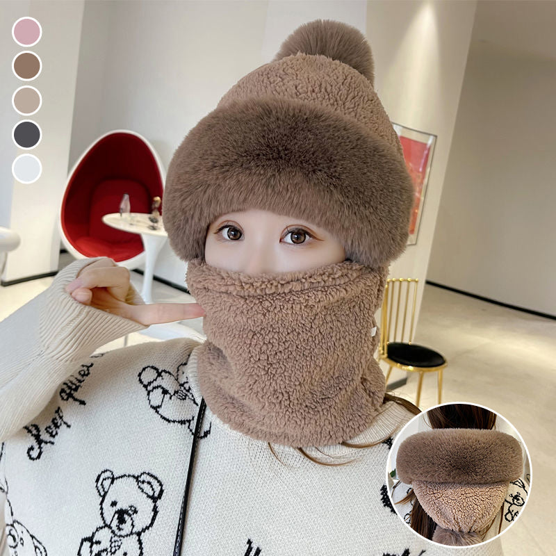 "Kvinnors vintermaskhalsduk med pälsboll, inbyggd mössa, trendiga färger, eleganta dameraccessoarer för vintertid."