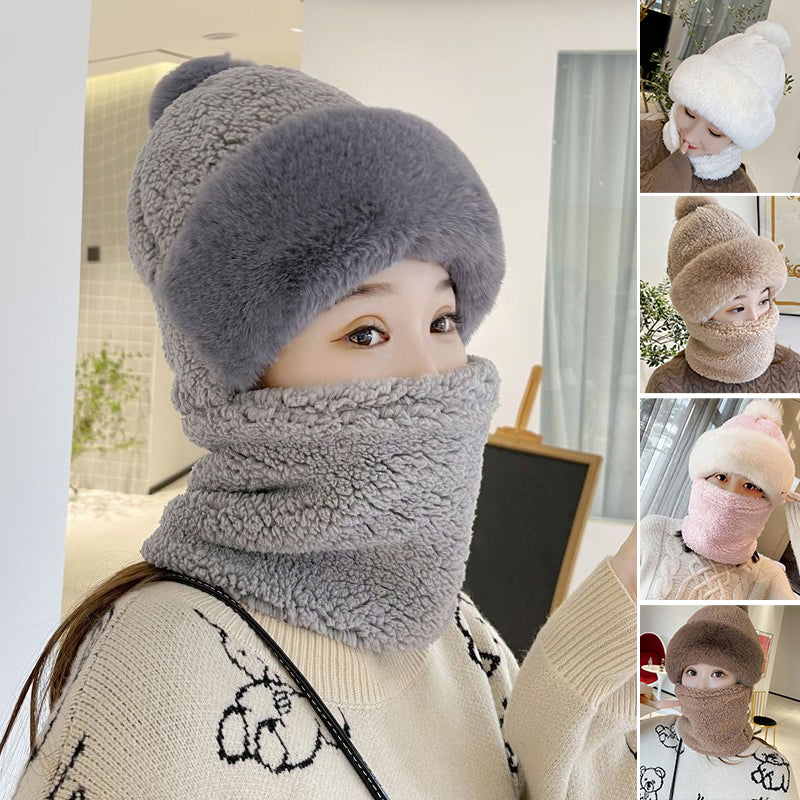"Kvinnors vintermaskhalsduk med pälsboll, inbyggd mössa, trendiga färger, eleganta dameraccessoarer för vintertid."